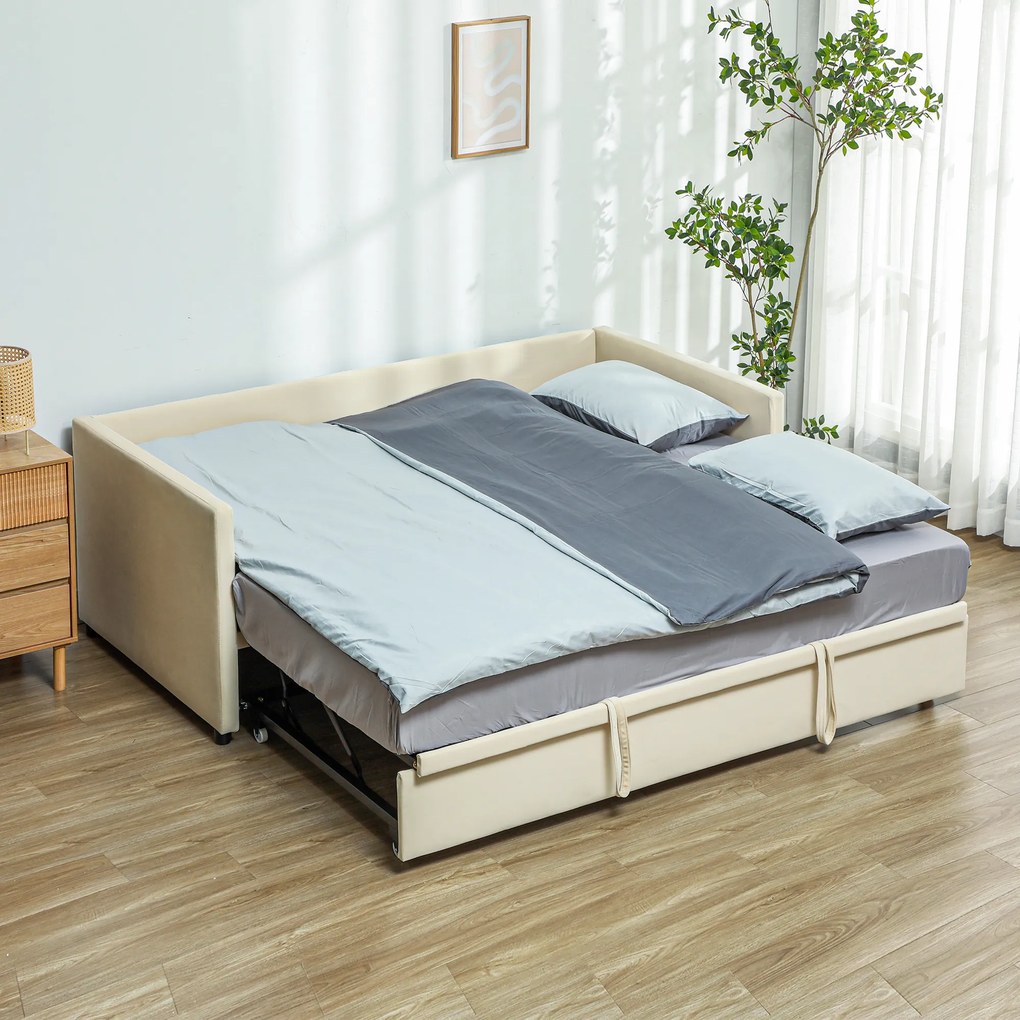 Estrutura de Sofá-Cama 2 em 1, 203 x 190,5 x 75 cm, (COLCHÕES NÂO INCLUIDOS)  Cabeceira Acolchoada Creme