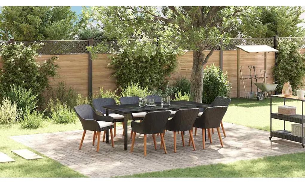 Conjunto de Jantar de Jardim 9 Peças Preto em Polyrattan