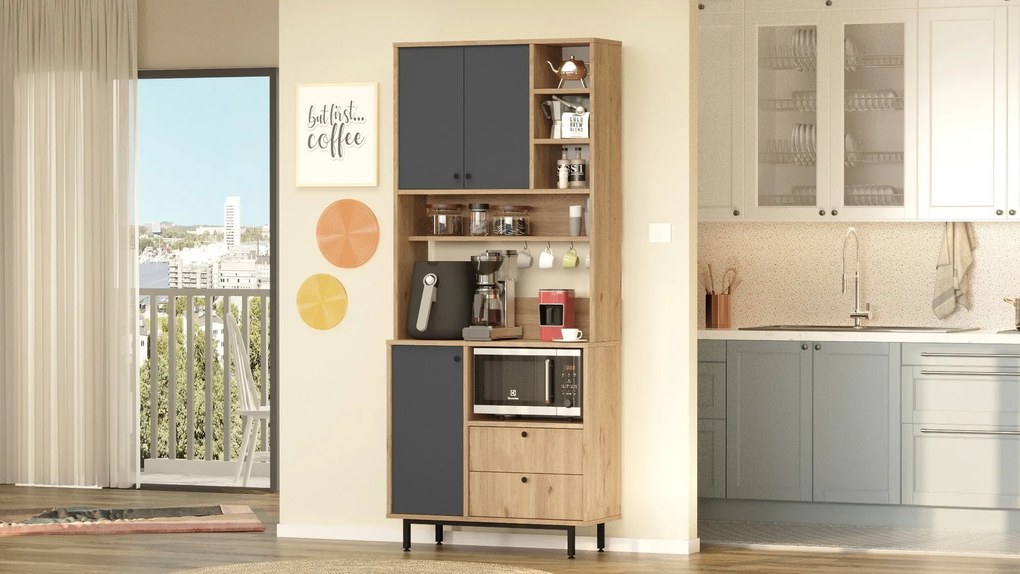 Armário Alto de Cozinha "Toledo" - Carvalho e Antracite - 88x205x35.5c