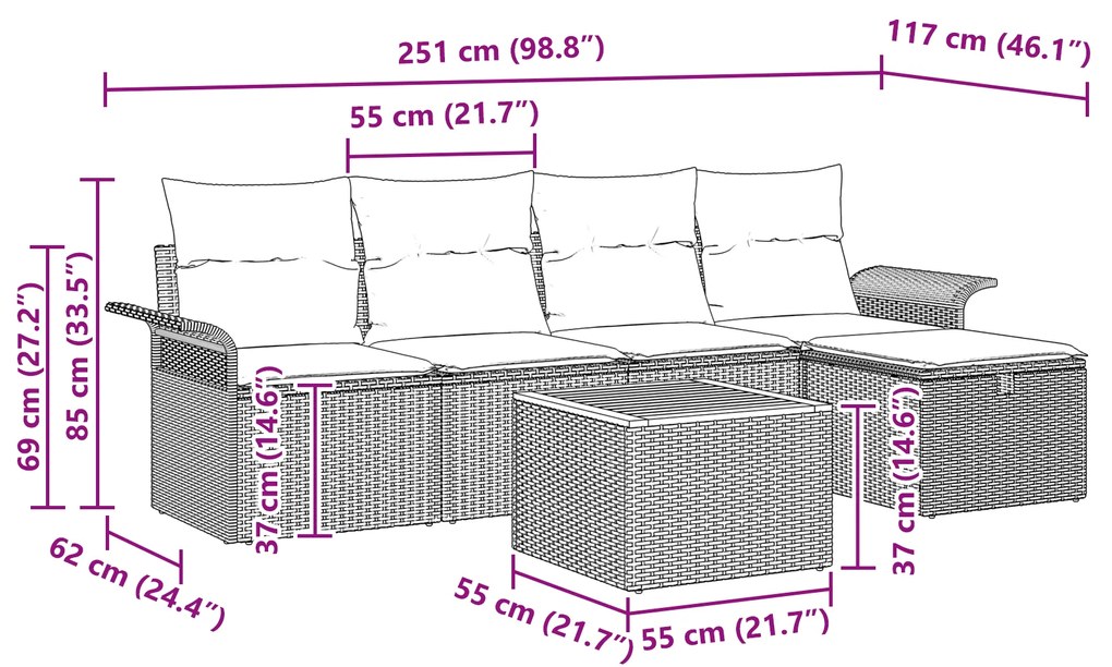 Conjunto de Sofá de Jardim de 6 Peças com Almofadas Cinzas de Vime Sin