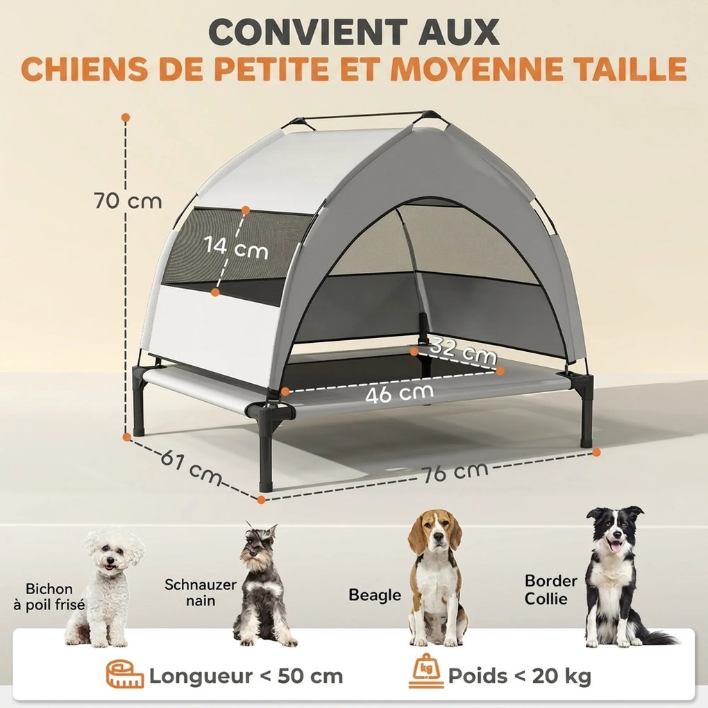 Cama Elevada para Cão com Cobertura, 76 x 61 x 70 cm, Cobertura de Três Lados, Cinzento-Claro
