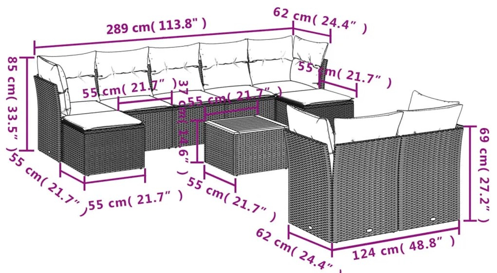 10 pcs conjunto de sofás p/ jardim com almofadões vime PE bege