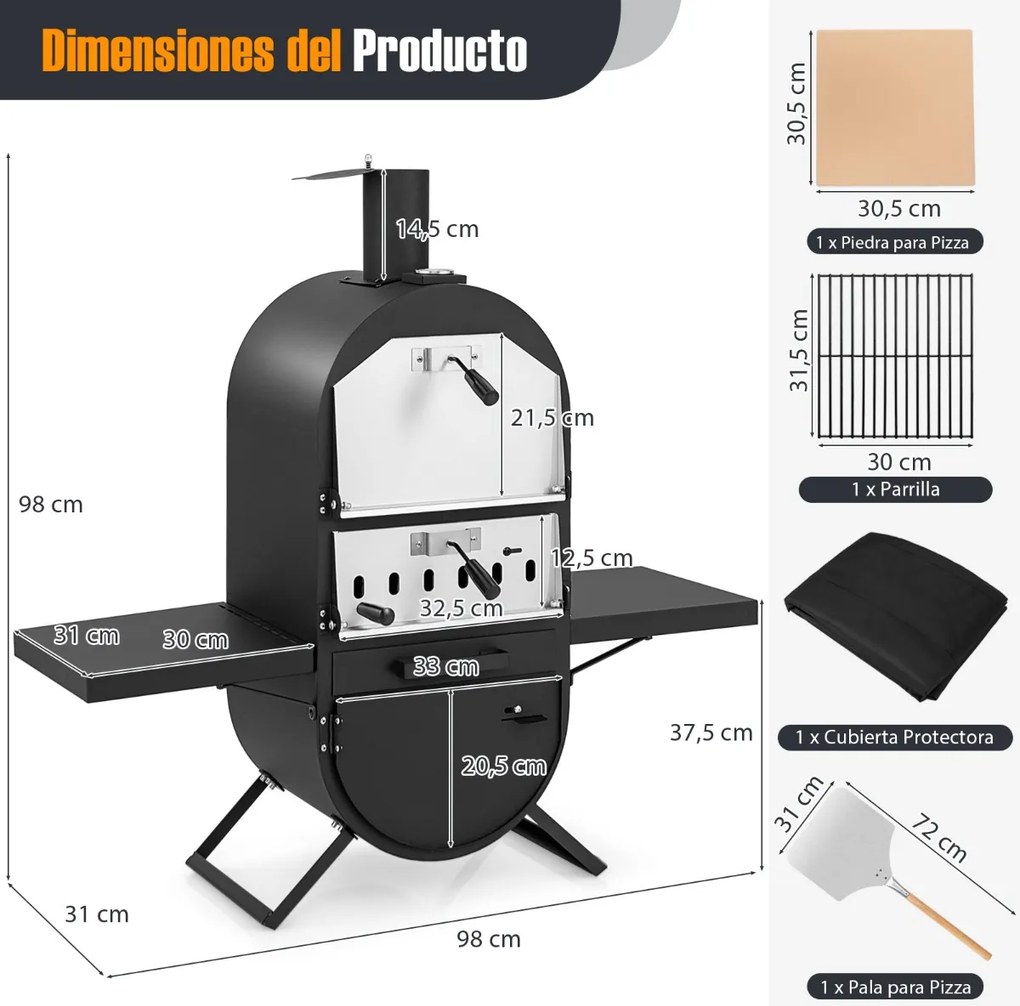 Forno de pizza a lenha para exterior com cobertura de tecido Oxford, termómetro de grelhador para churrasco e campismo