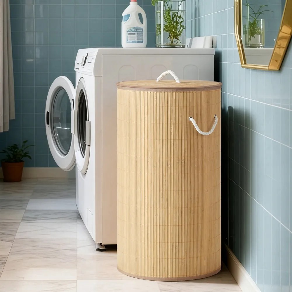 Cesto da roupa suja com tampa, 90 L, cesto de bambu natural