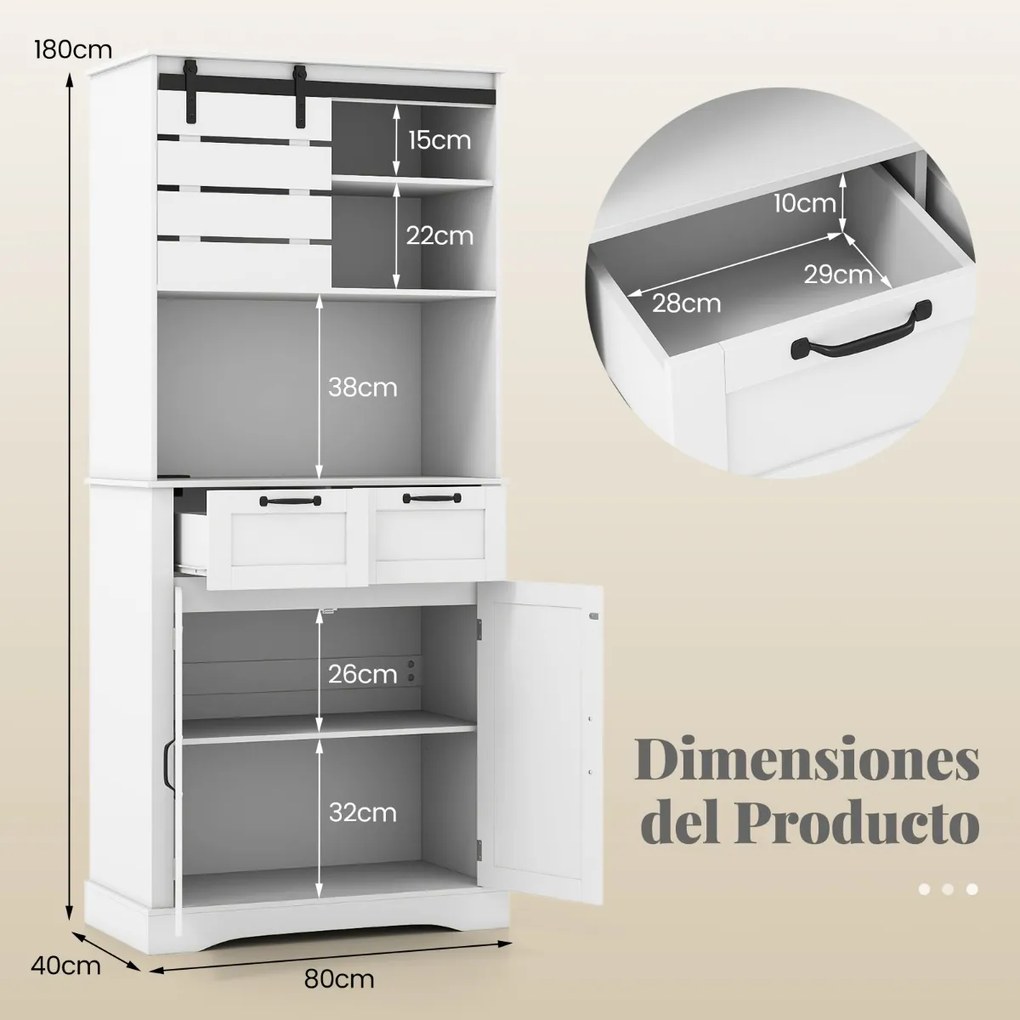 Armário de despensa de cozinha 80 x 40 x 180 cm com tomada elétrica com portas, gavetas e prateleira ajustável Suporte branco