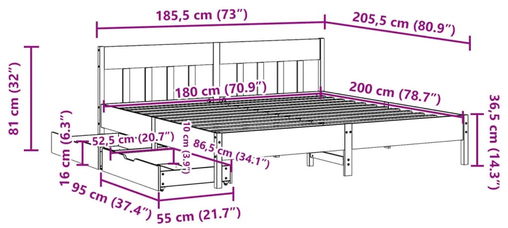 Cama sem colchão 180x200 cm pinho maciço castanho-mel