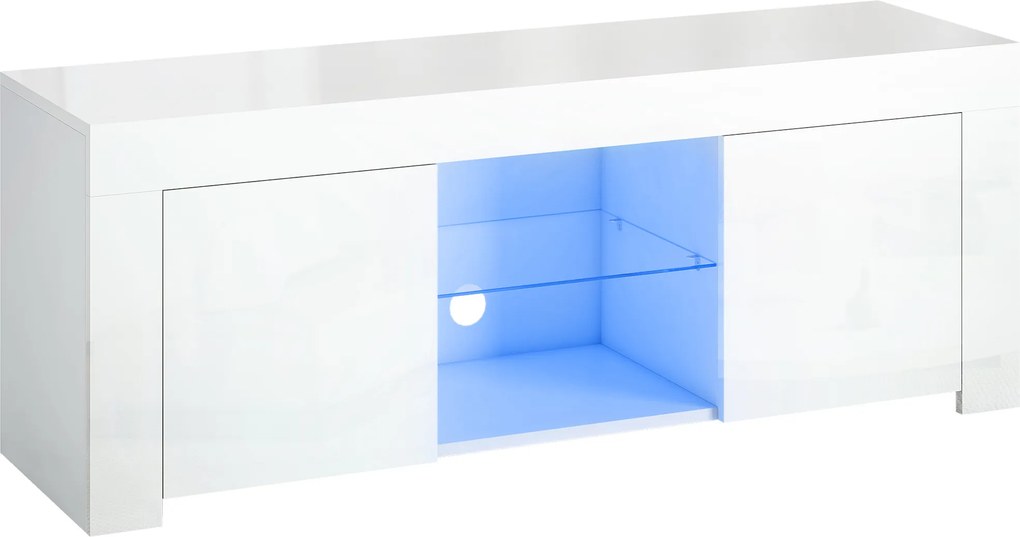 HOMCOM Móvel de TV com iluminação LED, 2 portas, prateleira de vidro, orifícios para cabos, para sala, painel de partículas, Branco | Aosom Portugal