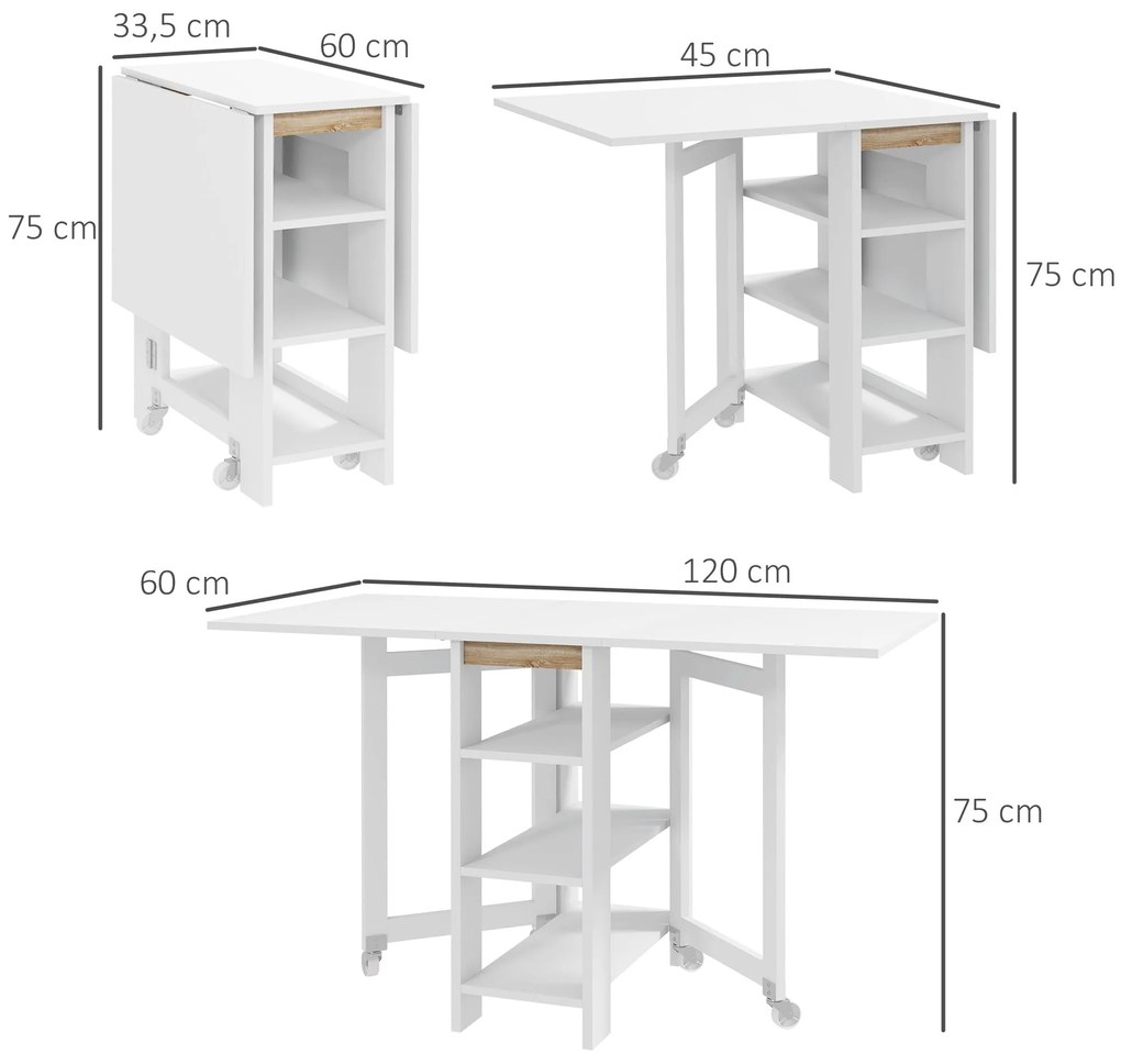 HOMCOM Mesa Dobrável com Asas Dobráveis Mesa de Cozinha com 2 Rodas e