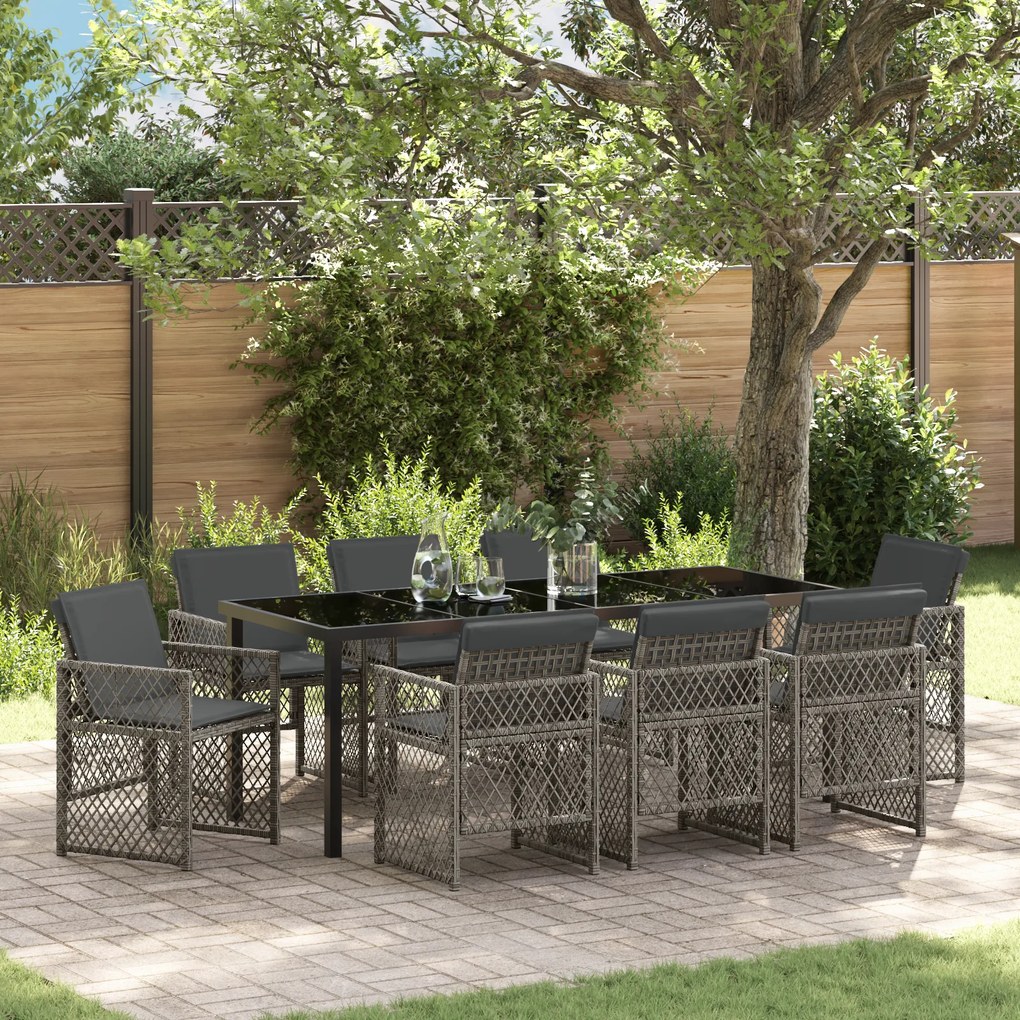 Conjunto de Jantar de Jardim vidaXL de 9 Peças com Almofadas Cinza em Rattan Poli
