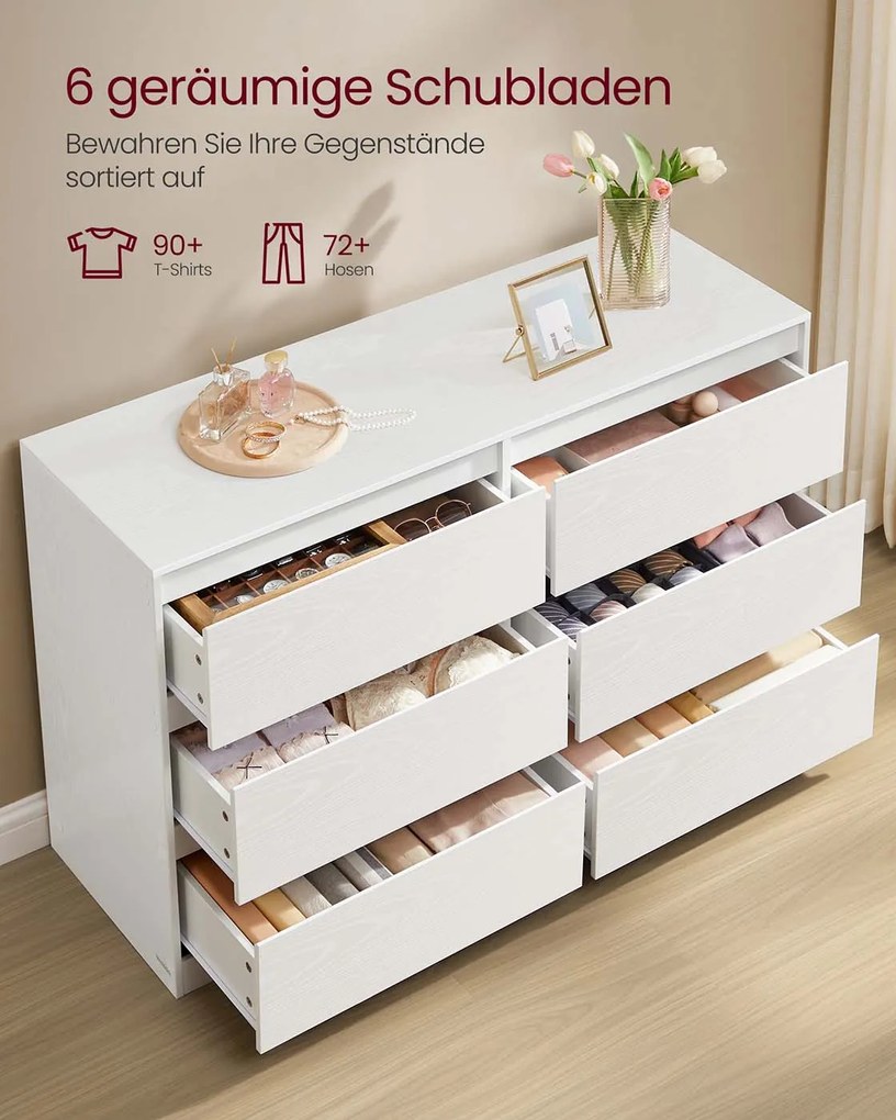 Cómoda Kailyn com seis gavetas para quarto 40 x 119,4 x 75 cm Branco