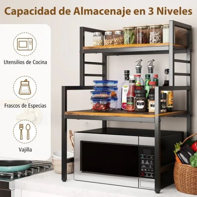 Prateleira de 3 níveis para micro-ondas de cozinha com 2 Estantes Barra de metal para poupança de espaço Castanho