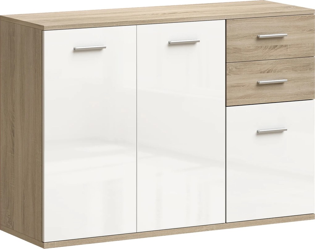 HOMCOM Buffet de sala, móvel de arrumação com 2 gavetas, 3 portas e prateleira ajustável, 106 x 35 x 76 cm, branco e madeira natural | Aosom Portugal