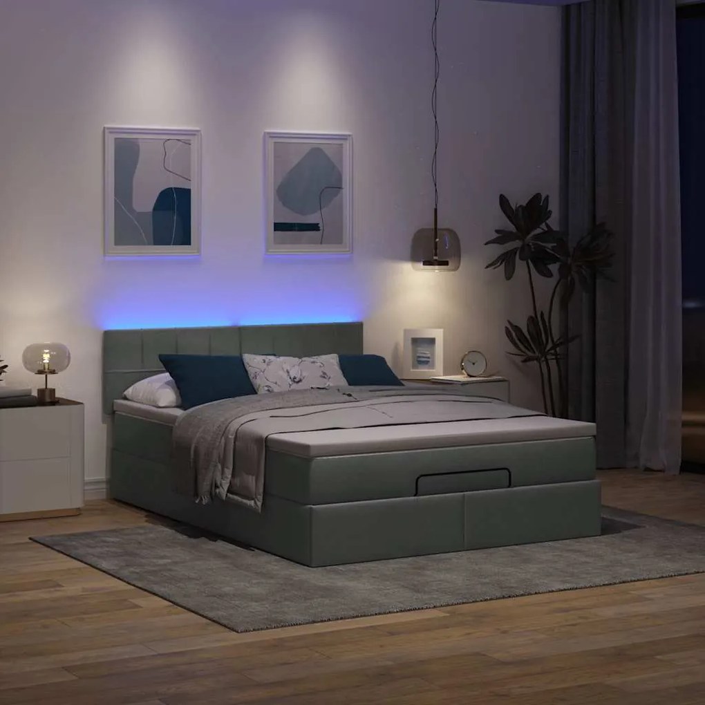 Cama otomana com colchão &amp; LEDs 140x200 cm cinzento escuro