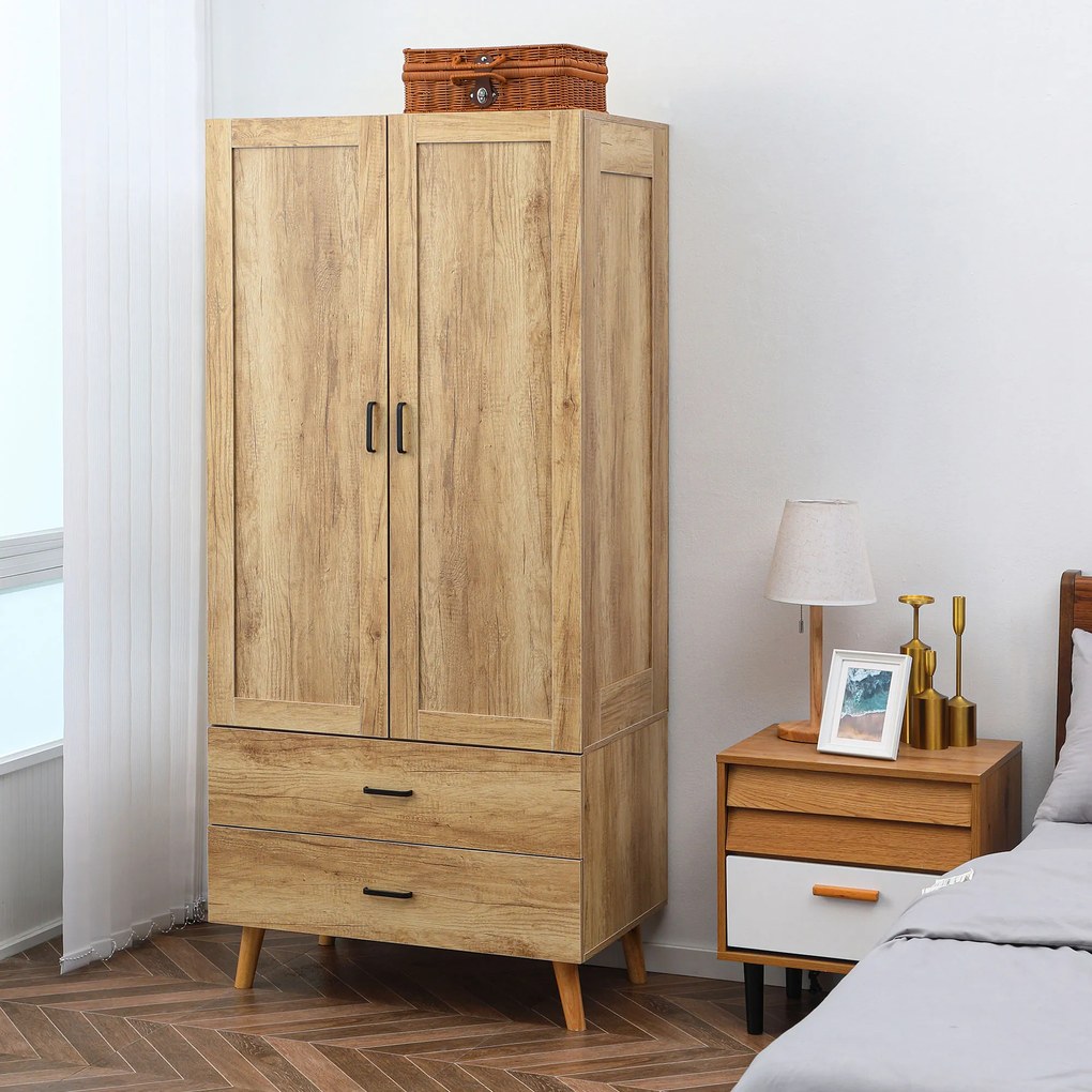 Guarda roupa e arrumação com 2 portas e 2 gavetas, com varão - 80 x 54 x 180 cm cor natural