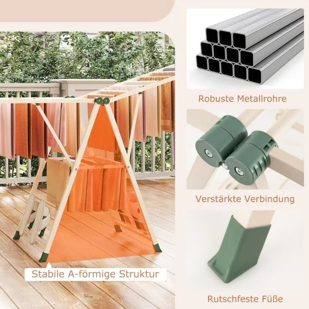 Estendal dobrável com braços ajustáveis 184 x 56 x 99–168 cm, pinças para meias e prateleira para sapatos, secador de roupa bege