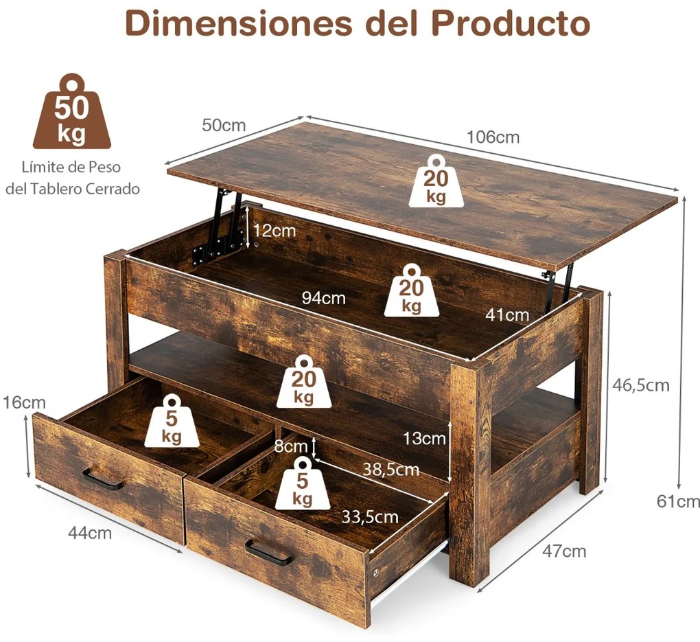 Mesa de centro com tampo de mesa elevável com estante para arrumação e 2 gavetas 106 x 74 x 61 cm Castanho rústico