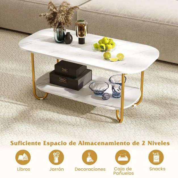 Mesa de centro retangular 100 x 50 x 45 cm com tampo de mármore artificial de 2 níveis com estrutura metálica Branco e dourada