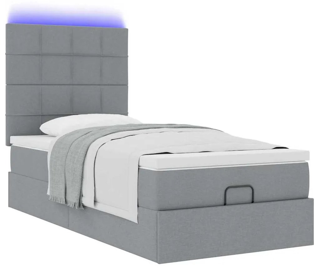 Cama Otomana com colchão & LEDs 90x200 cm tecido cinzento claro