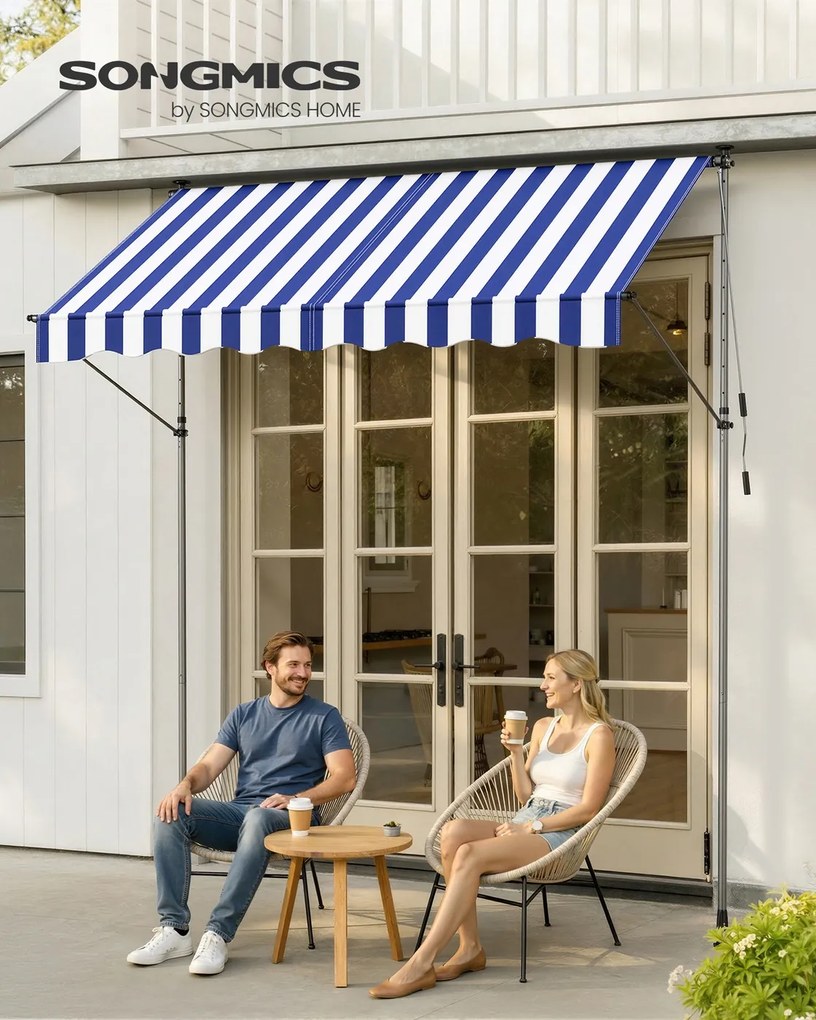 Toldo varanda 250 x 120 cm com manivela para proteção solar flexível, azul e branco