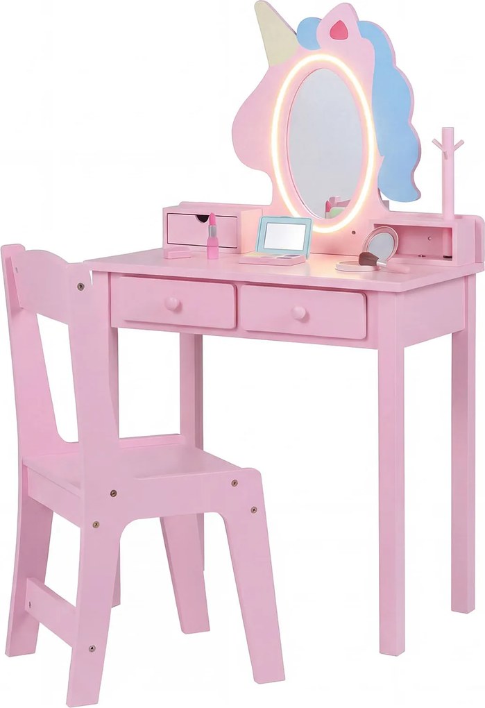 Conjunto de Toucador Infantil com Espelho de Unicórnio e Cadeira, 59 x 35 x 103 cm, Iluminação LED Ajustável, Rosa