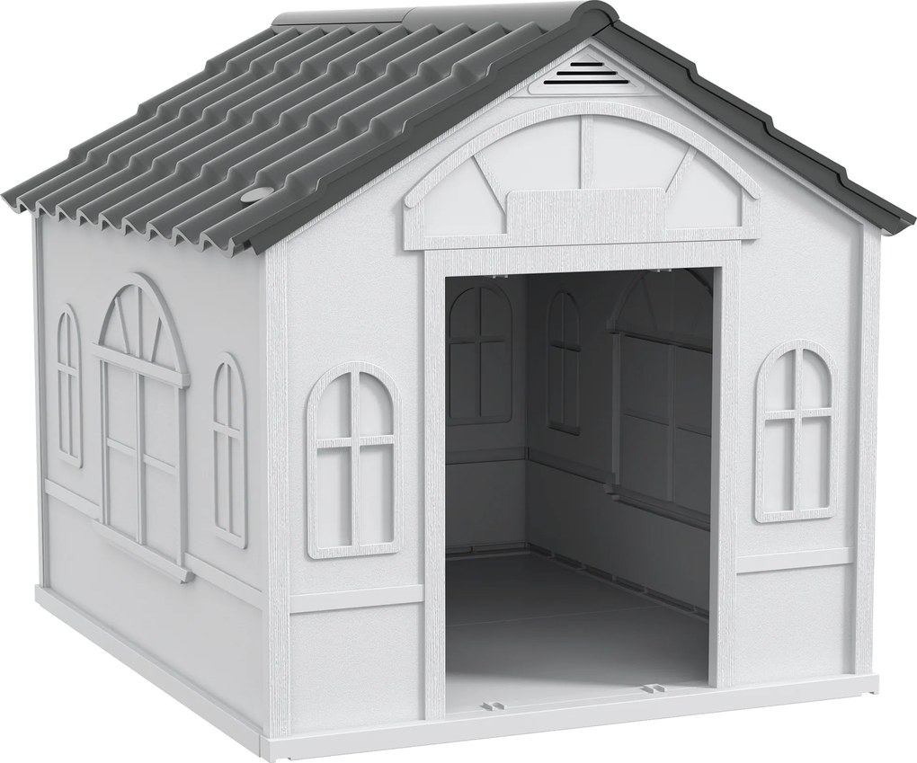 PawHut Casa para Cães 84,2x98,2x82 cm Casa para Cães com Janelas e Teto com Imitação de Telhas Casota para Cães Cinza | Aosom Portugal