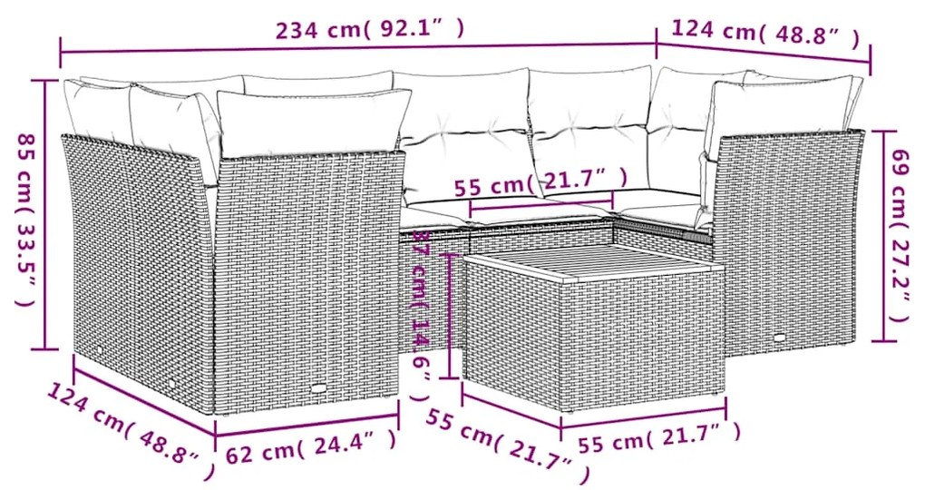 7 pcs conjunto de sofás p/ jardim c/ almofadões vime PE preto