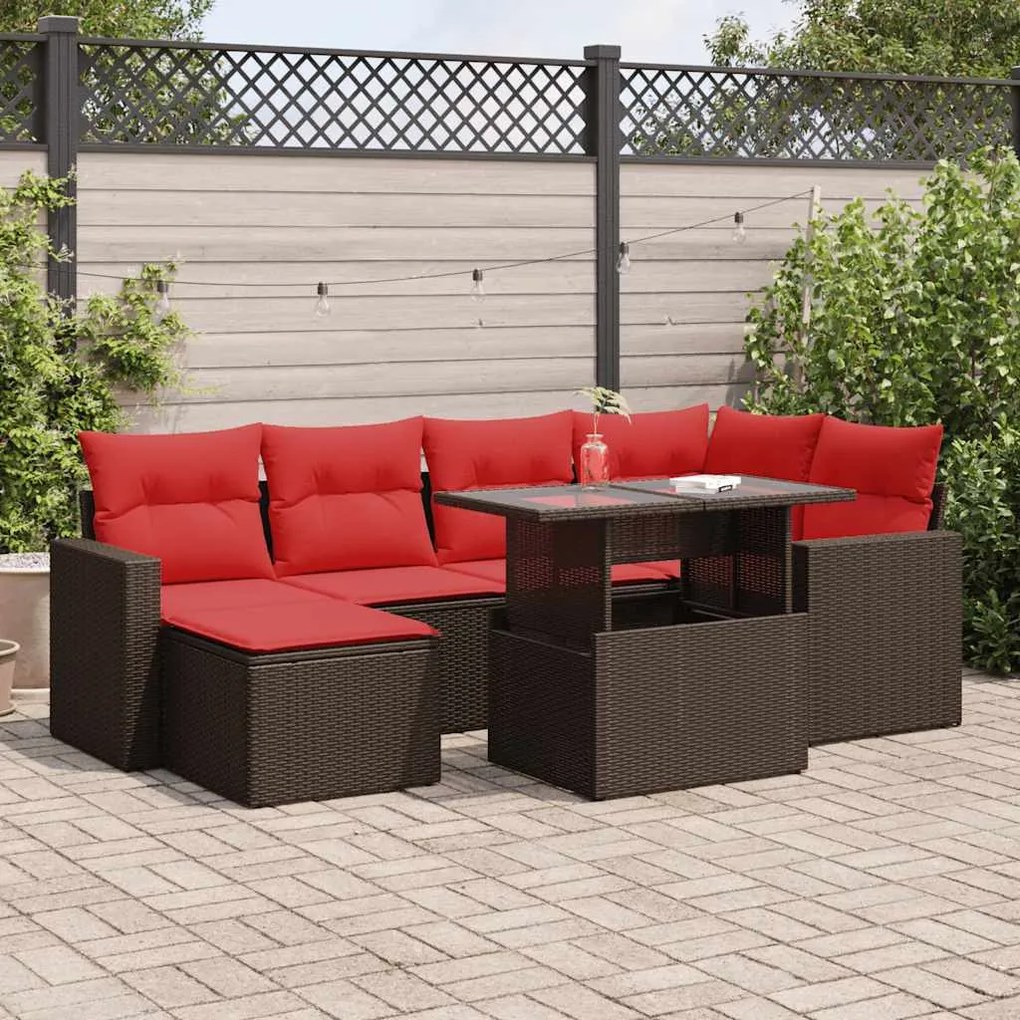 7 pcs conj. sofás jardim c/ almofadões vime PE/acácia castanho