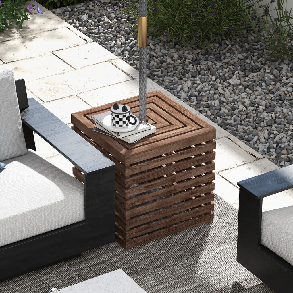 Caixa de arrumação exterior 2 em 1 para base de guarda-sol 50 x 50 x 50 cm, mesa auxiliar de terraço com orifício para guarda-sol em madeira castanho