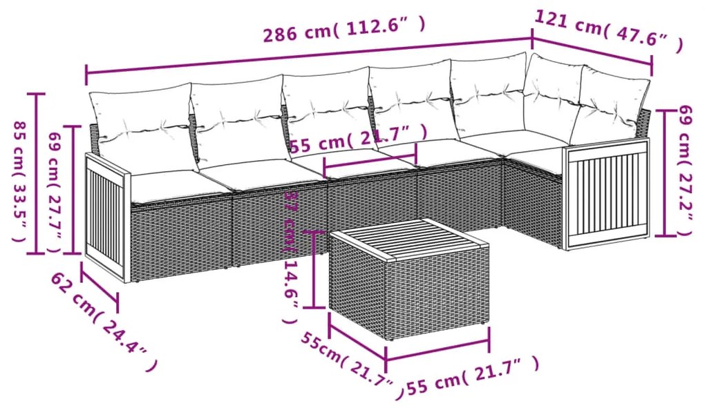 7 pcs conjunto de sofás p/ jardim c/ almofadões vime PE preto