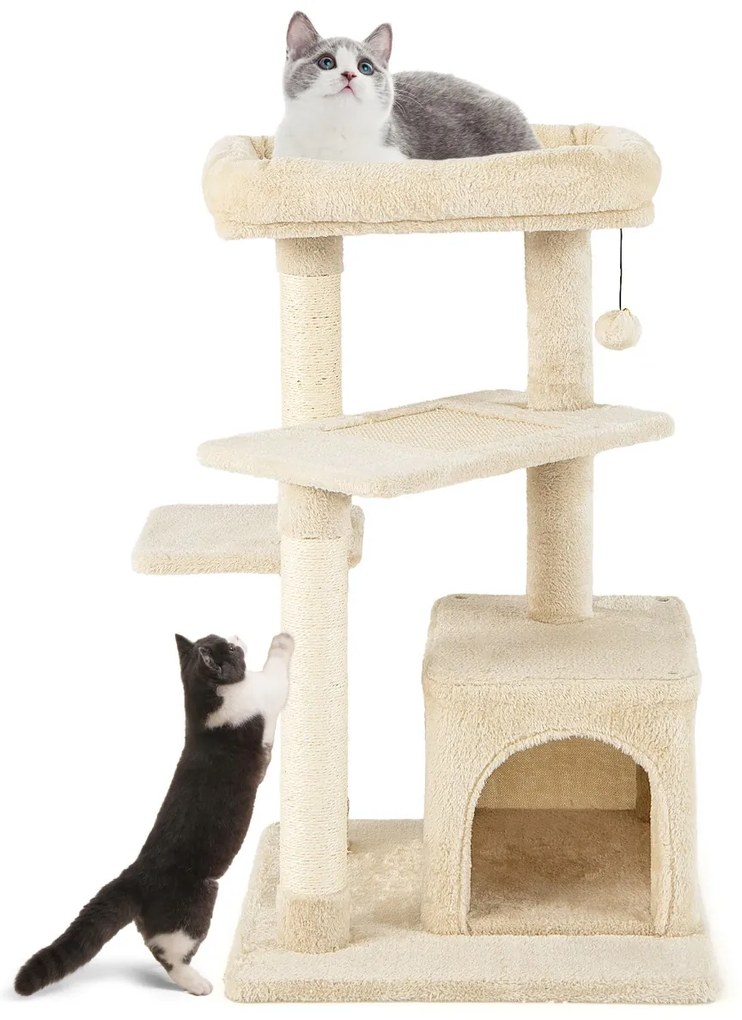 Arranhador para gatos de 4 níveis com postes para arranhar Plataforma superior em felpa 63 x 56,5 x 85 cm Bege