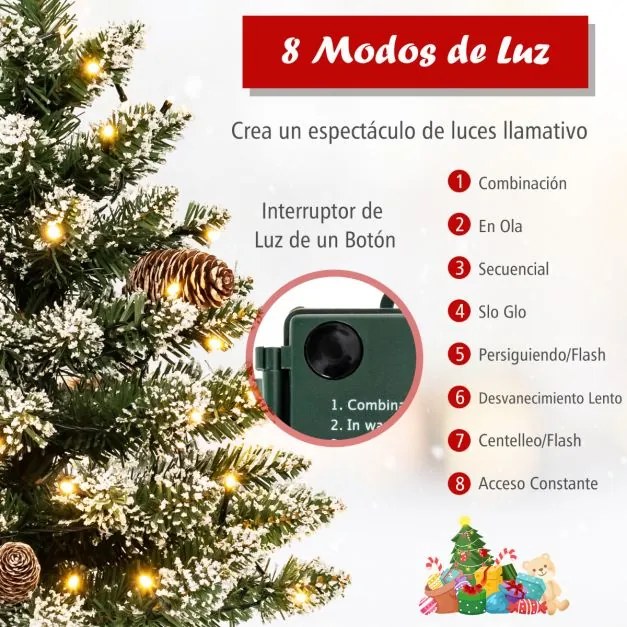 Mini Árvore de Natal de mesa 64 cm Pré-iluminada com 50 Luzes LED 8 Pinhas e Base verde