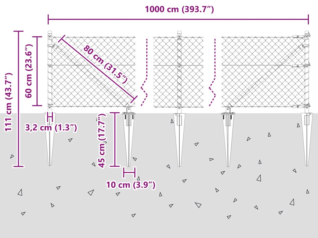 Cerca de Cadeia com 7 Postes em Espinho 0.6x10 m Aço Galvanizado