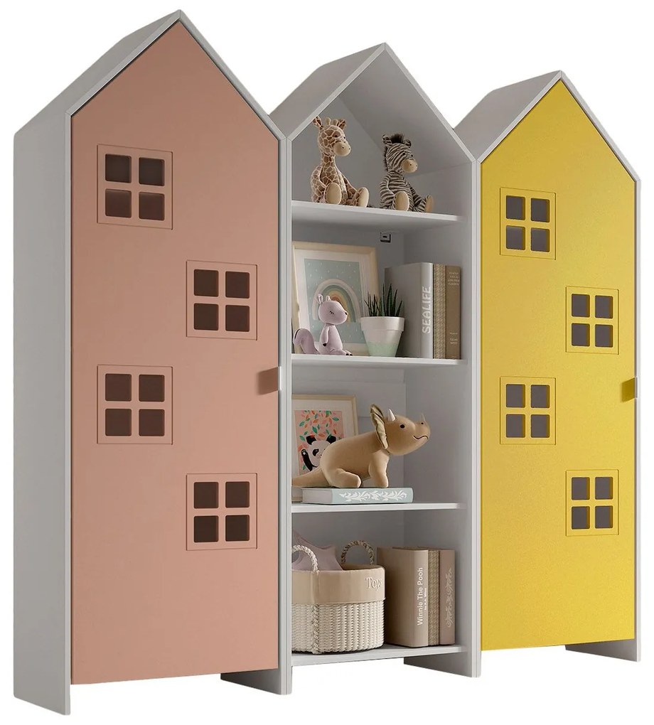 Conjunto 2 armarios Guarda Roupa infantil + estante infantil coleção CASAMI Amarelo e Rosa