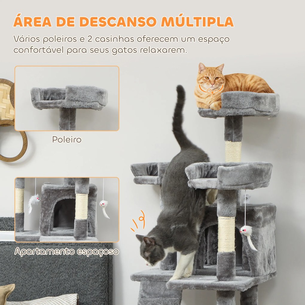 Arranhador para Gatos Arranhador de Gatos 153 cm com 2 Cavernas 3 Camas 2 Rampas Postes de Sisal e 2 Ratos Pendentes Cinzento