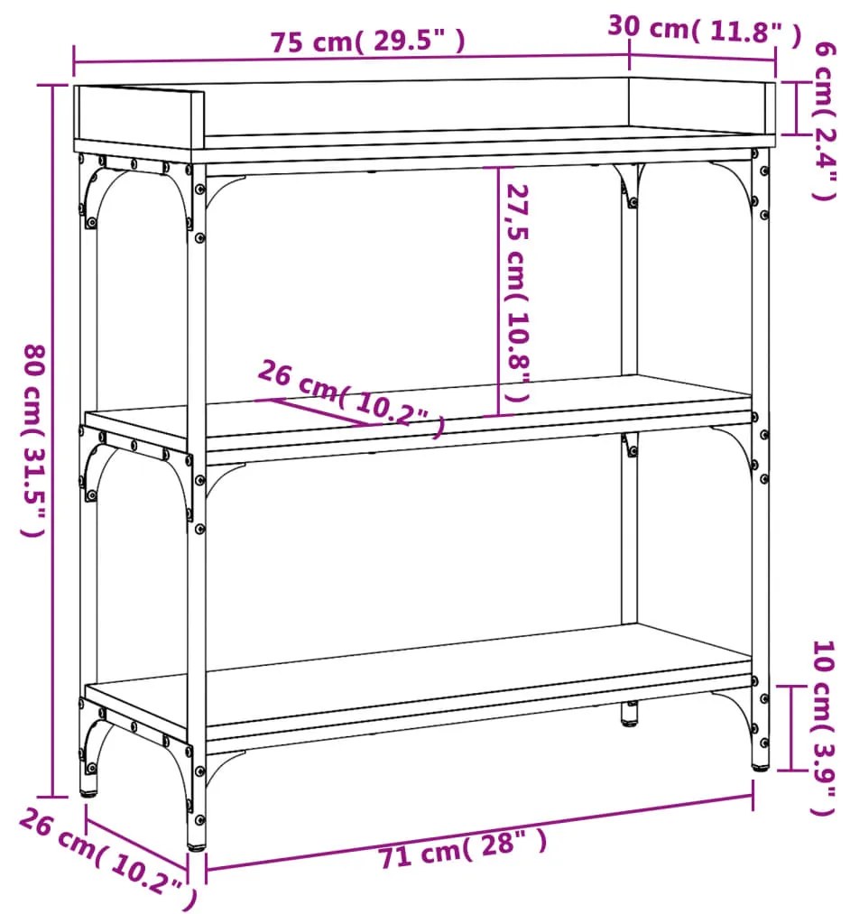 Mesa consola c/ prateleiras 75x30x80 cm carvalho castanho