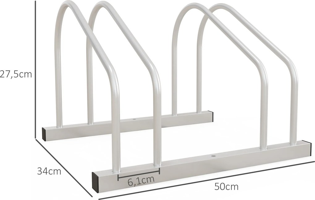 Suporte para 2 bicicletas, suporte de armazenamento para bicicletas com pneus de 61 mm, dimensões: 50 x 34 x 27,5 cm, em aço prateado