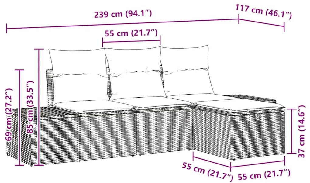 Conjunto de sofá de jardim 4 peças com almofadas de rattan poliéster p