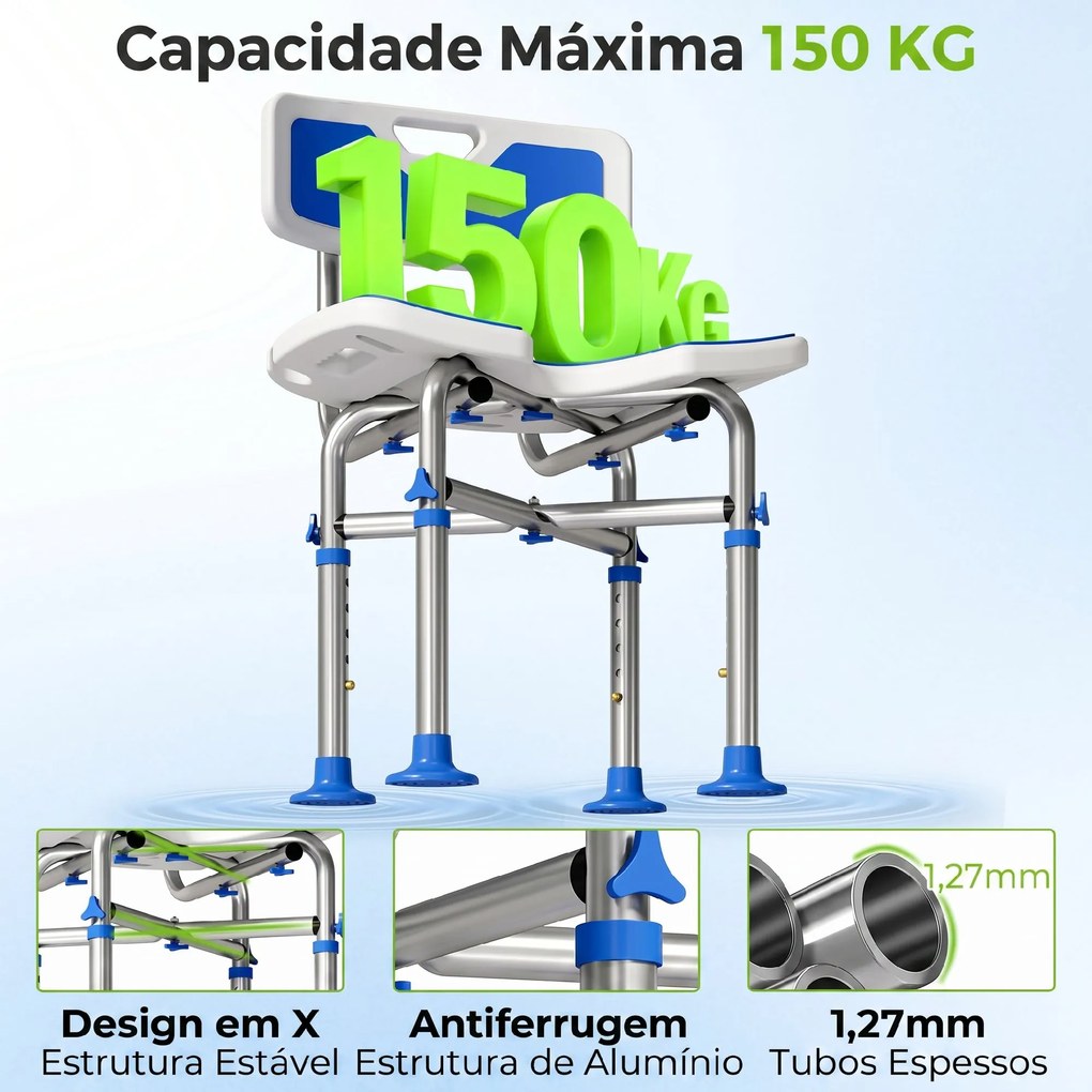 Cadeira de Duche para Pessoas Idosas Antideslizante com Altura Ajustável em 5 Posições Suporte para Duche de Mão 48x47,5x72-82 cm Azul