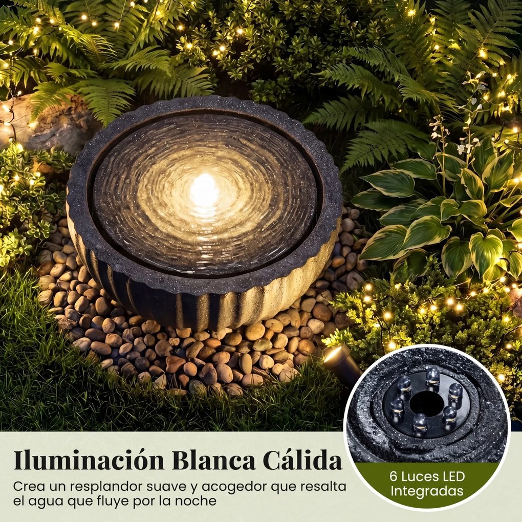 Fonte de Água Decorativa Redonda, 45 x 23,5 cm, Iluminação LED, Cinzento