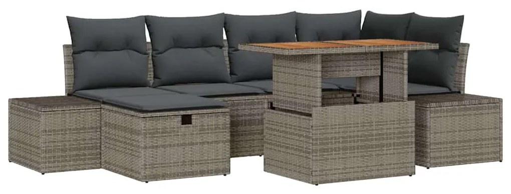 Conjunto de Jantar de Jardim de 7 Peças com Almofadas Cinza em Rattan