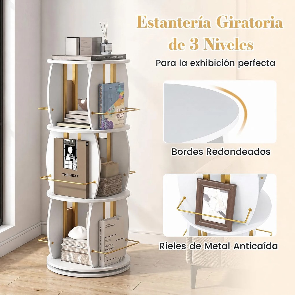 Estante Giratória de 3 Níveis para Livros, 40 x 40 x 107,5 cm, Rotação de 360°, Branco