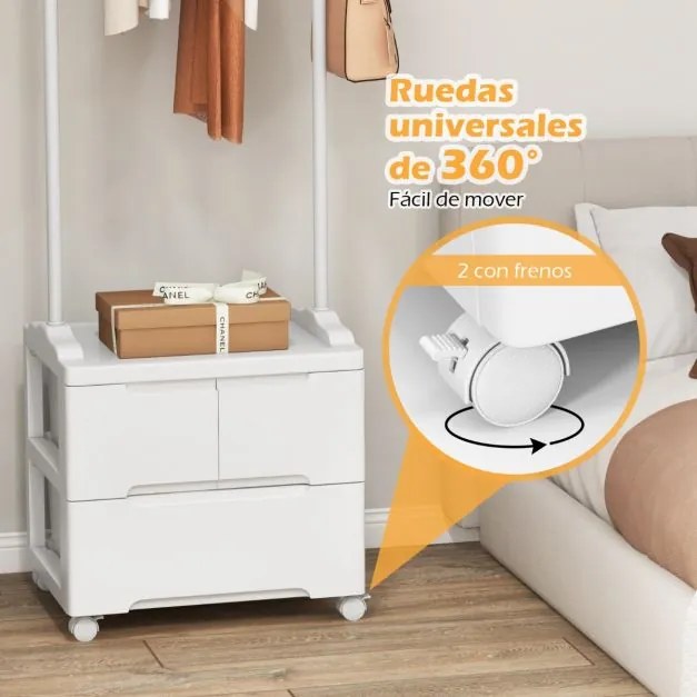 Armario Hall com cabides e gavetas com ganchos laterais e varão para pendurar Branco