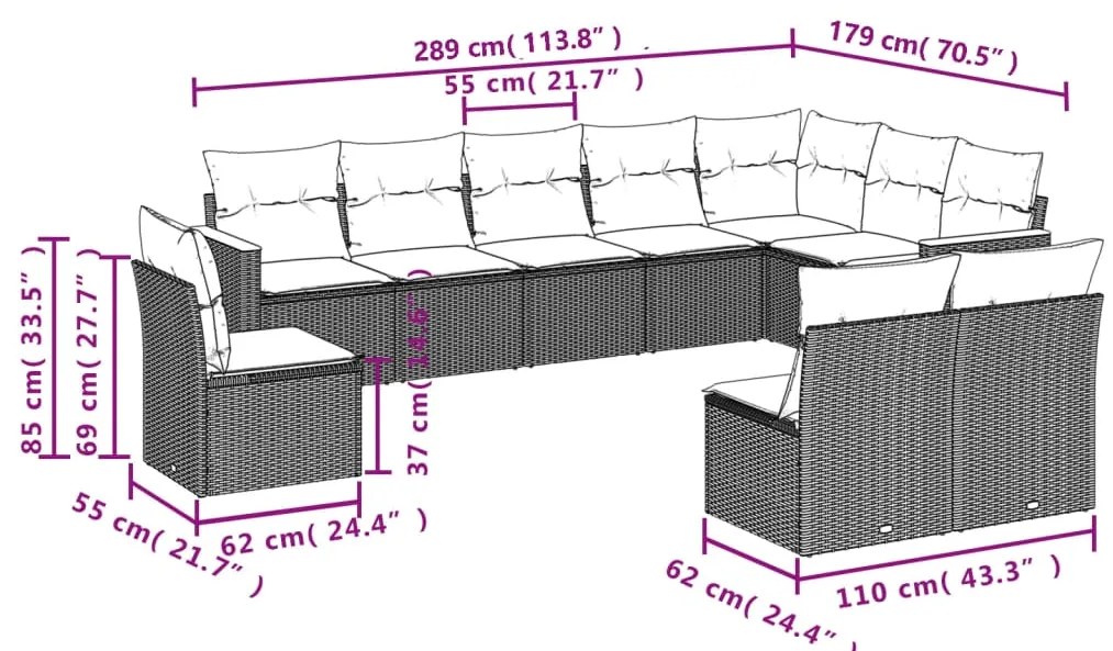 10 pcs conjunto sofás de jardim c/ almofadões vime PE preto