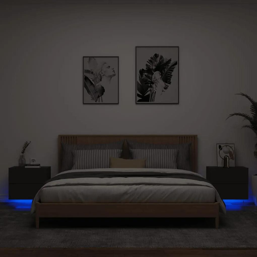 Mesas de cabeceira de parede com luzes LED 2 pcs preto