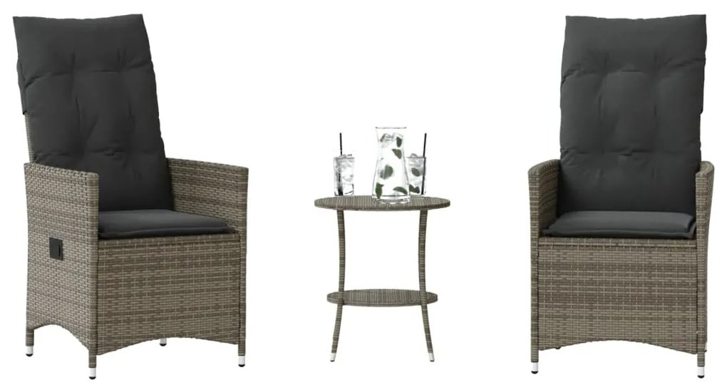 3 pcs conjunto bistrô com almofadões vime PE cinza