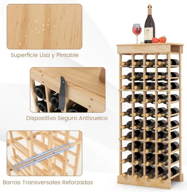 Garrafeira com 10 níveis empilhável para 40 garrafas 750 ml Estante para vinhos em madeira de pinho 47 x 28 x 113 cm natural