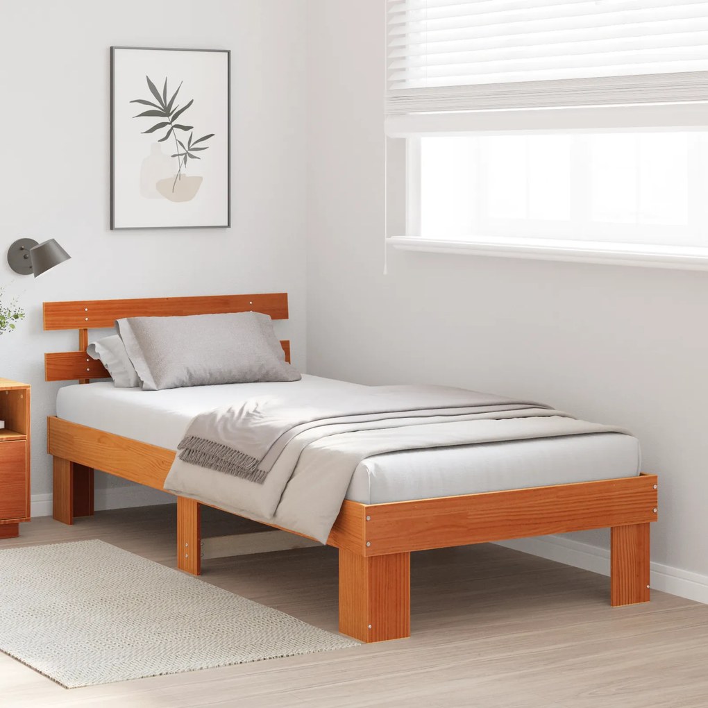 Estrado de Cama com Cabeceira Castanho Encerado 90x190 cm Madeira Maci