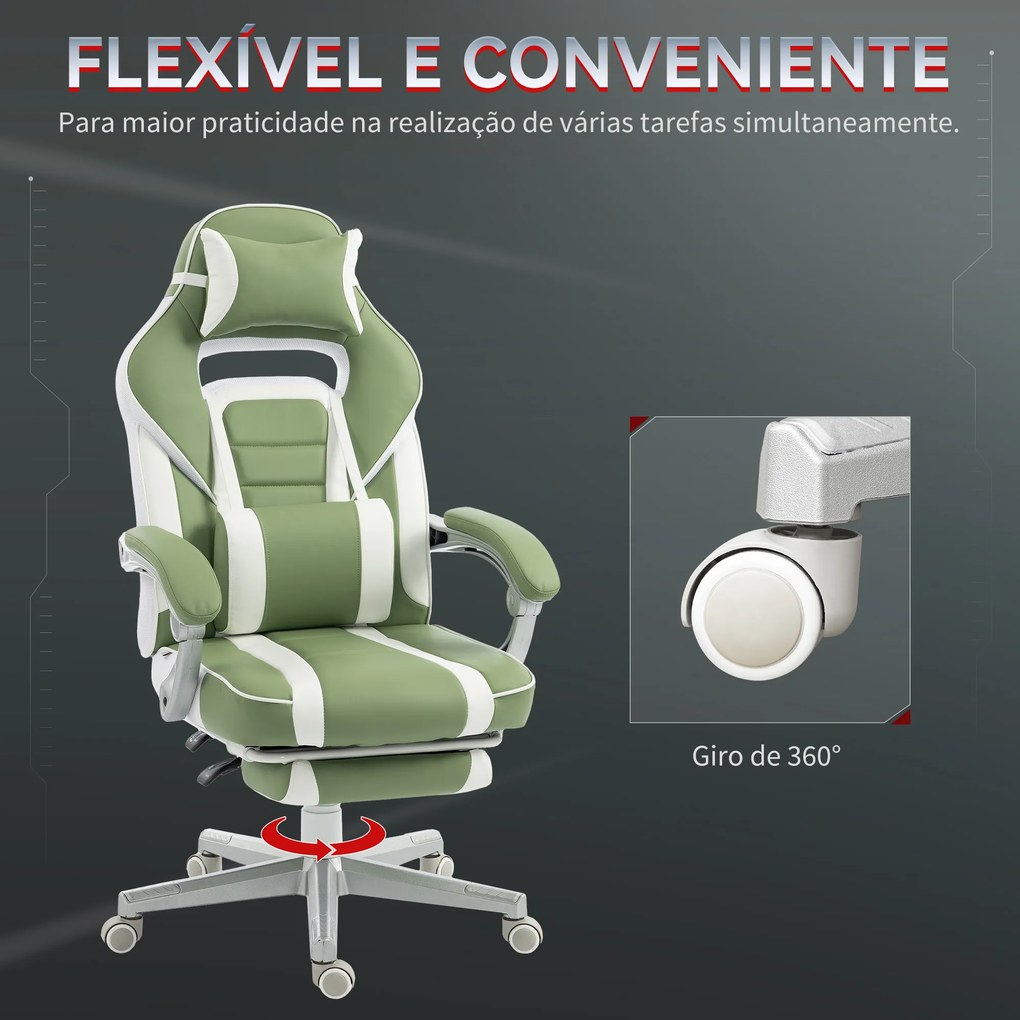 Cadeira Gamer Reclinável com Altura Ajustável Apoio para os Pés Retrátil Suporte Lombar e Almofada de Cabeça Amovível Verde