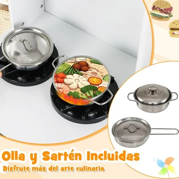 Cozinha Brincar para crianças em madeira com fogão com luz e som Cafeteira Torneira e utensílios de cozinha Branco