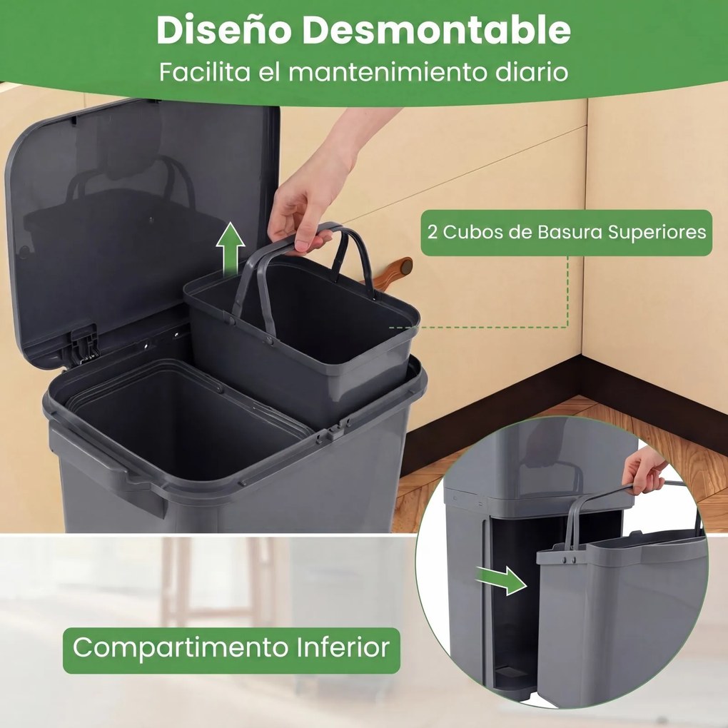 Caixote do lixo de 36 litros com 2 cubos e autocolantes para triagem de lixo 42 x 29 x 74 cm (C x L x A) Contentor de resíduos com rodas, modelo unive